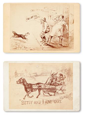 (RACISM.) RACIST STEREOTYPING. Pair of Large cabinet cards with drawings of blacks in “humorous” situations.